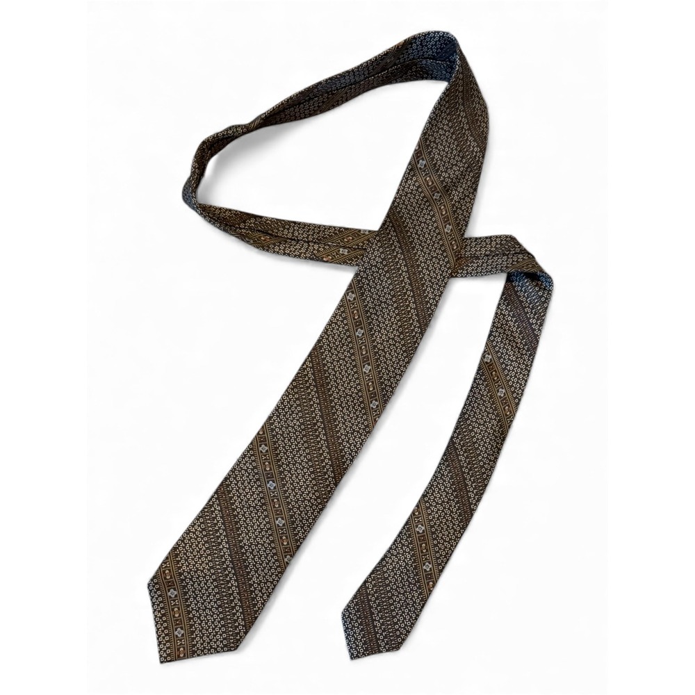 Vintage Sakkino Silk Necktie Mens Brown Geometric Pattern Hand‎ Made Spain